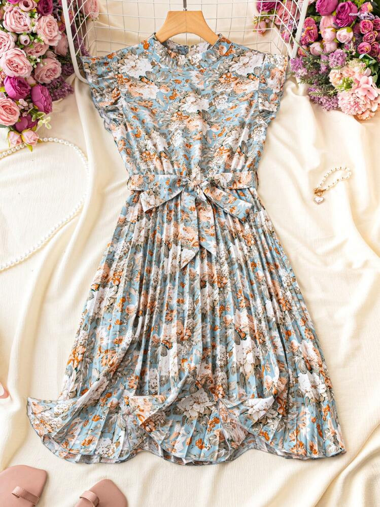 Franclia Floral Print Stand Collar Pleated Waist Holiday Dress | SHEIN