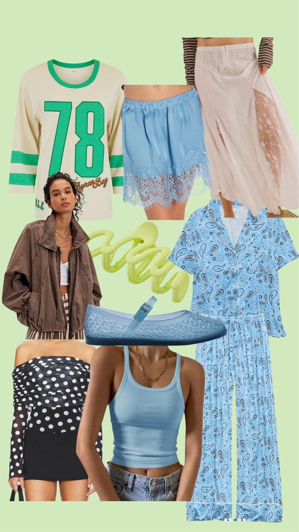 Jelly shoes - TTS
Blue skirt - M
Blue tank - L
Brown jacket - M
Pajamas - M top + bottom
Black & white top - M
White skirt - M
Green tee - S
