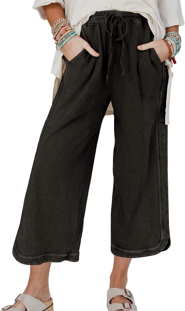 Songling Womens Wide Leg Sweatpants Elastic High Waist Acid Wash Pants Casual Drawstring Cropped ... | Amazon (US)