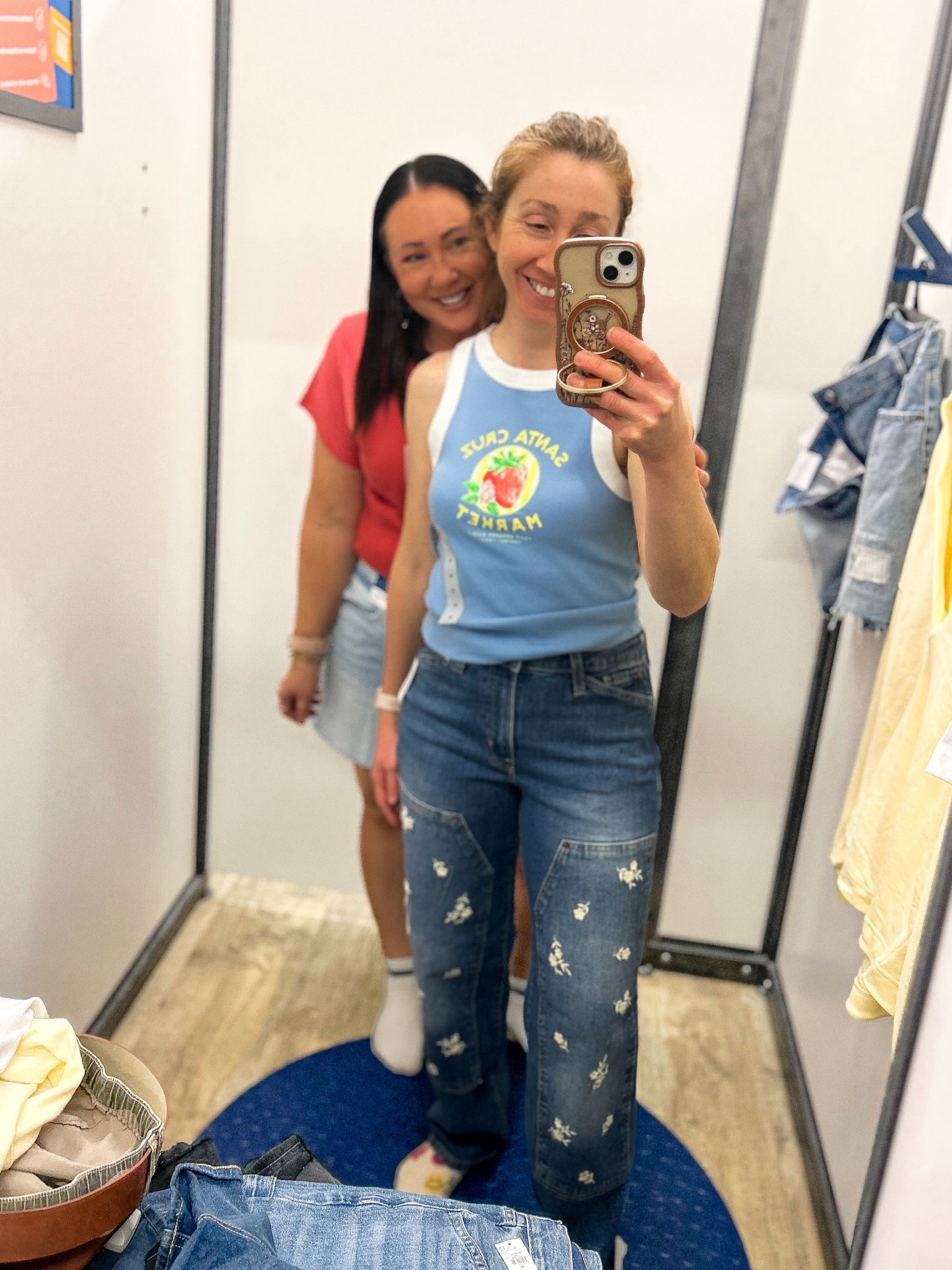Old Navy fitting room try on! My sis joined me for a minute.  These jeans on her!  Amazing. She’s wearing her true size 4. Small tank top. 

I’m wearing an xxl ribbed v neck tee. Size 16 5 inch denim shorts  

#LTKPlusSize #LTKMidsize #LTKOver40