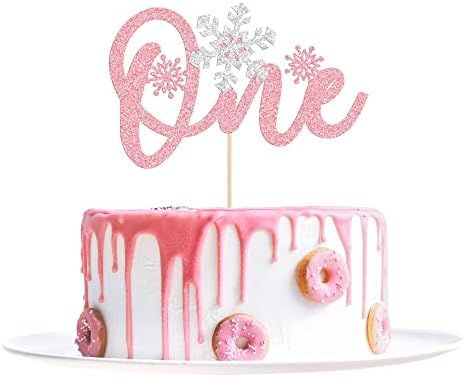 1 Pack Snowflake One Cake Topper Pink Glitter 1st Birthday Party Cake Pick Decorations for Winter... | Amazon (US)