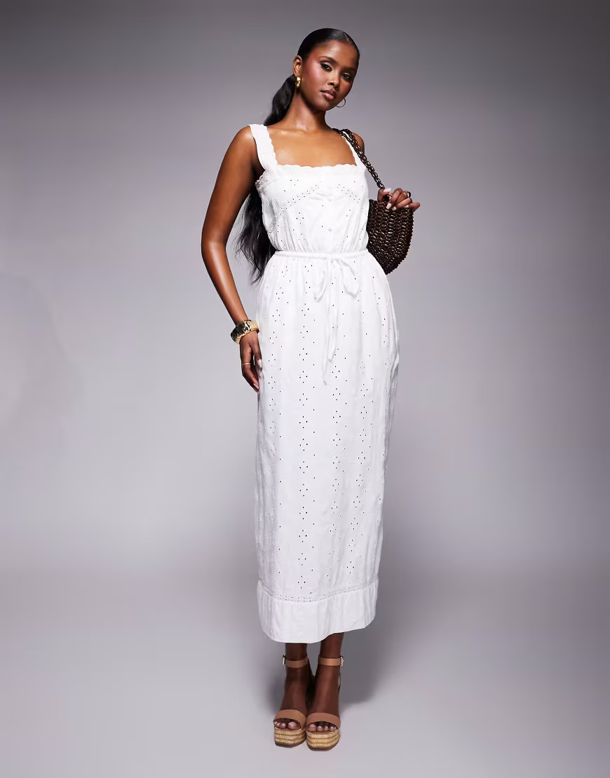 ASOS DESIGN – Maxikleid in Weiß mit Lochstickerei und quadratischem Ausschnitt | ASOS (Global)