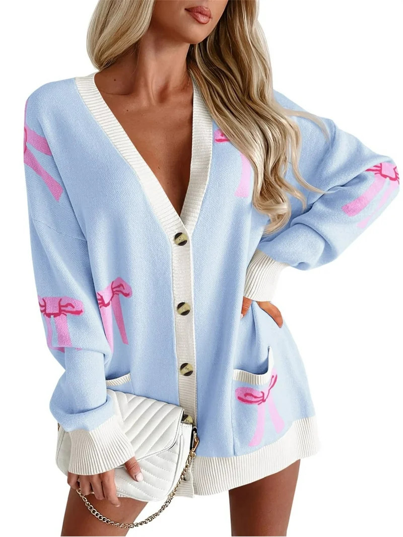 Oversized Cardigan Sweater Women's Bow Print Button V Neck Long Sleeve Loose Knitted Autumn Fashi... | Walmart (US)