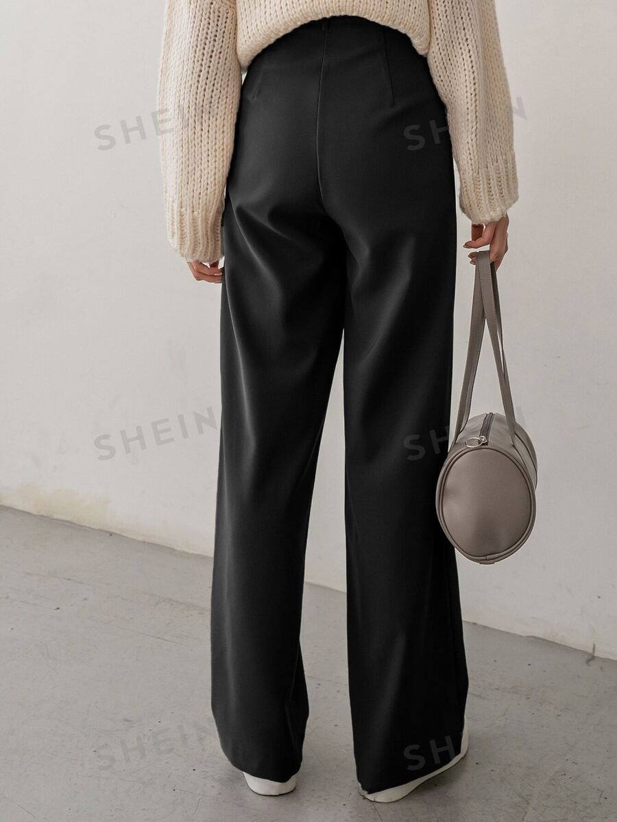 DAZY Women's Solid Color Pleated Pocket Straight Loose Suit Pants, Business Casual | SHEIN