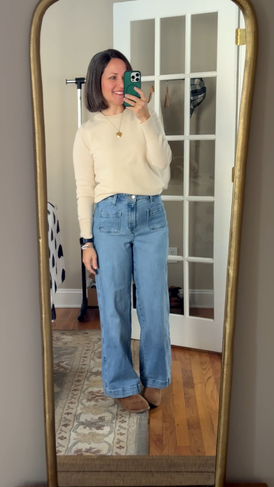 My winter ootd for today. Naadam cashmere ivory sweater, Old Navy wide leg jeans, short Ugg boots. 

#LTKootd #LTKOver40 #LTKdayinmylife