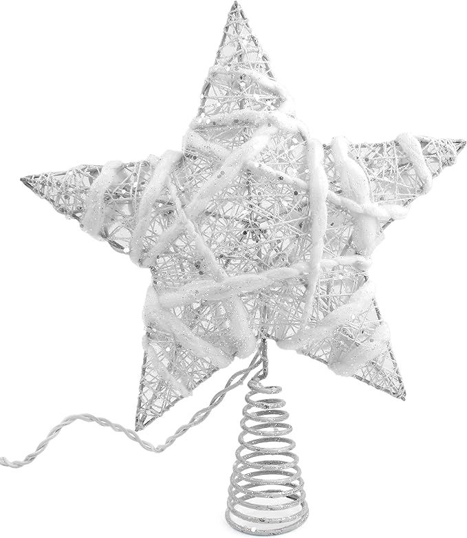 Rustic Christmas Tree Topper Star, 10 Light Indoor White And Natural Cotton Star Tree Topper | Amazon (US)