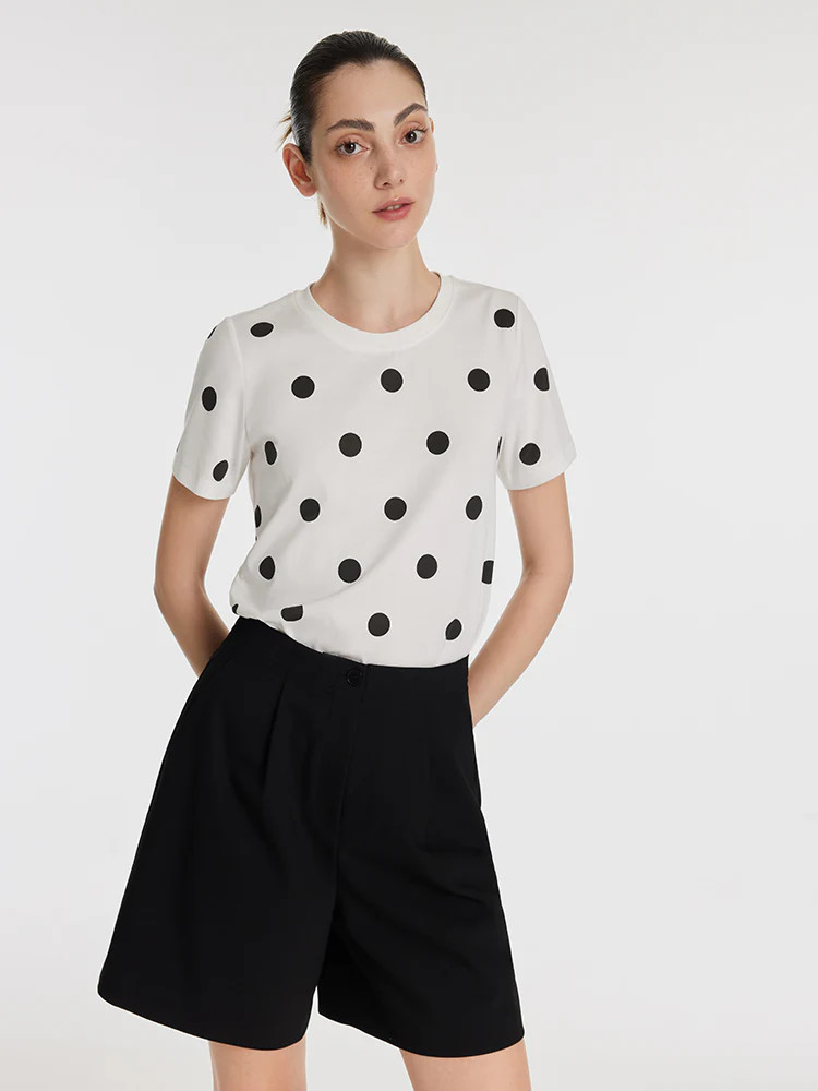 Polka Dots Printed Round Neck Women T-Shirt | GOELIA