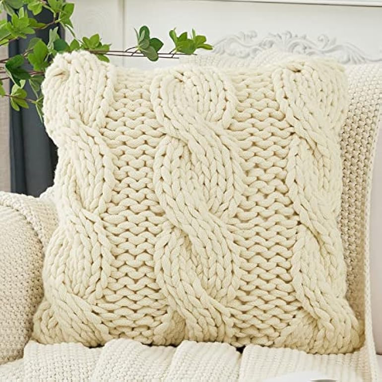 Amazon.com: Longhui bedding Handmade Beige Chunky Knit Throw Pillow Cover, 18” x 18” Square T... | Amazon (US)