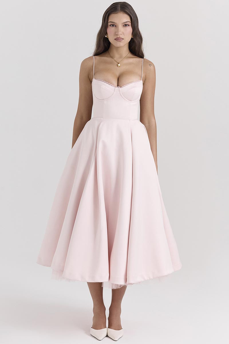 Elegant Cinch Waist Party Bridesmaid Tulle Layered Midi Slip Dresses-Pink | Cherley