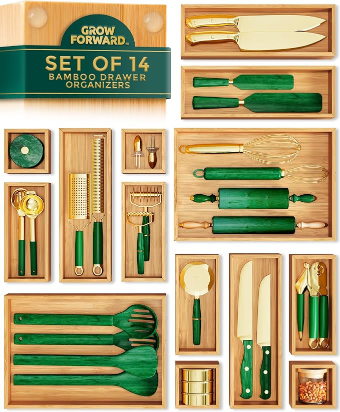 Grow Forward Bamboo Drawer Organizer Boxes - Set of 14 Wooden Drawer Organizers for Kitchen, Bath... | Amazon (US)