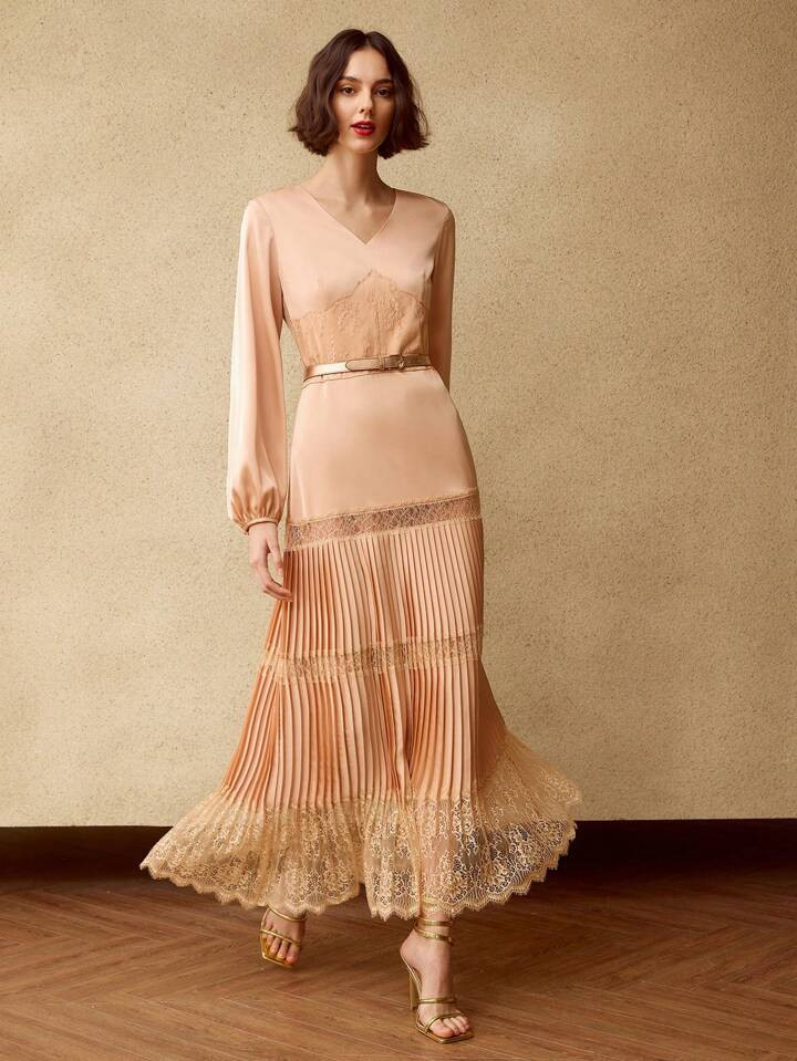 MOTF PREMIUM SOLID V-NECK LANTERN SLEEVE LACE INSERT PLEATED HEM LONG DRESS WITHOUT BELT | SHEIN