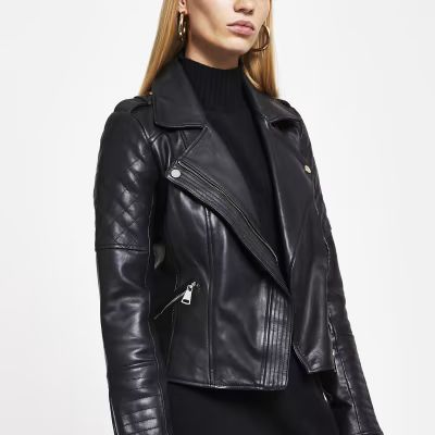 Black Leather quilted biker jacket | River Island (UK & IE)