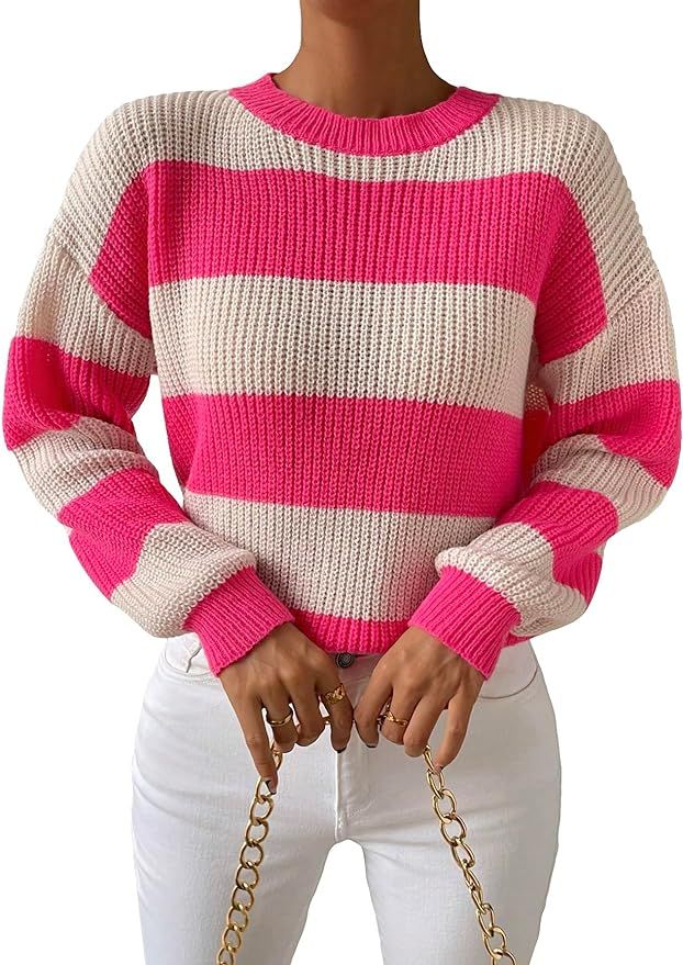 GORGLITTER Women's Striped Drop Shoulder Sweater Long Sleeve Round Neck Pullover Top | Amazon (US)