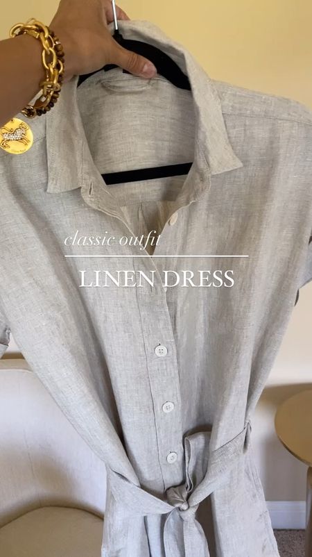 Classic summer outfit. Linen dress. Great quality linen fabric in a timeless style that will stay with you  Currently on sale 40% off with code SHOPNOW. Shirt dress style with belt for flattering fit. You could also wear it loose without the belt. I sized down. 
Slide sandals are linen with leather trim. True to size. 
Code NAOMI20 to save on jewelry. 
Vacation outfit. 

#LTKSaleAlert #LTKOver40 #LTKStyleTip