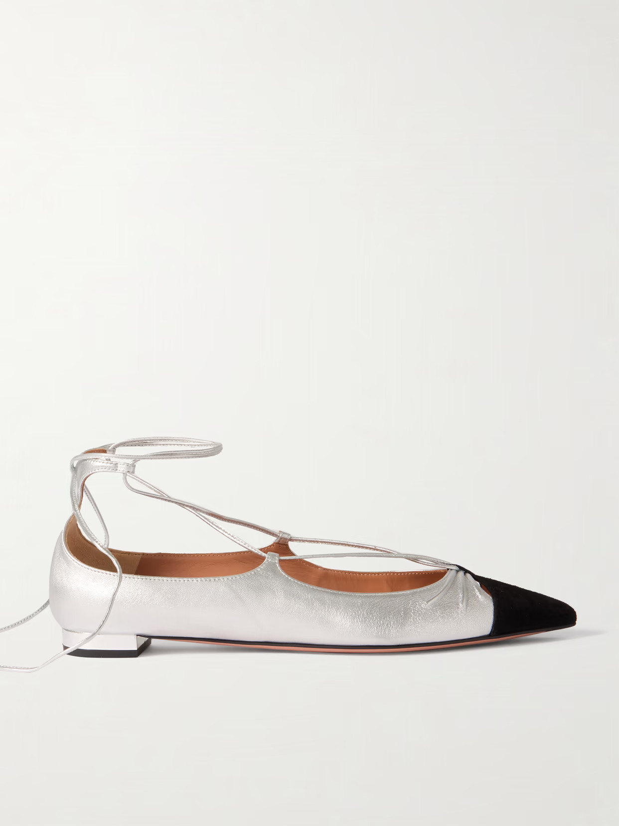 Aquazzura - Gabi Lace-up Metallic Leather Point-toe Flats - Silver | NET-A-PORTER (US)