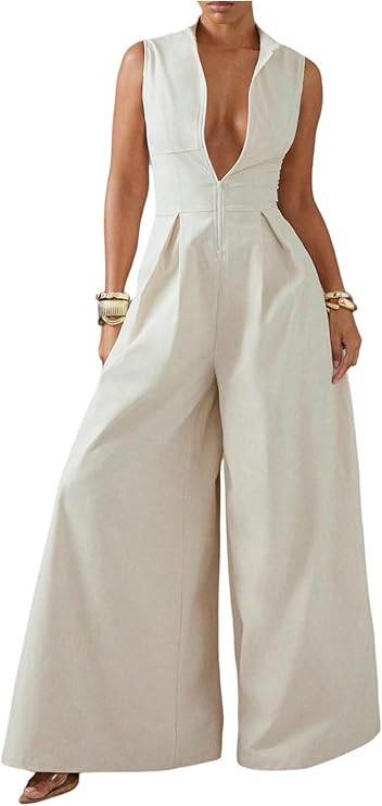 SOLY HUX Women's Zipper Front Wide Leg Jumpsuit Summer Mock Neck Sleeveless Elegant Romper | Amazon (US)