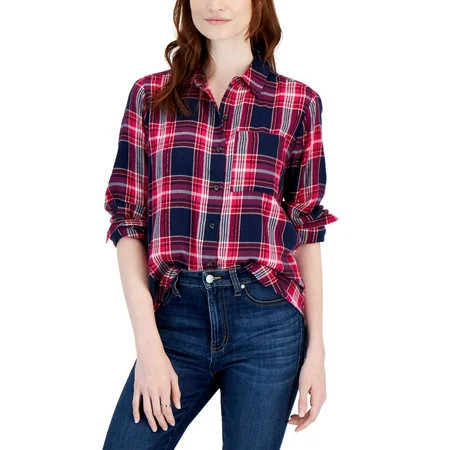 Style & Co Petite Plaid Perfect Shirt Industrial Blue Combo PS | Walmart (US)