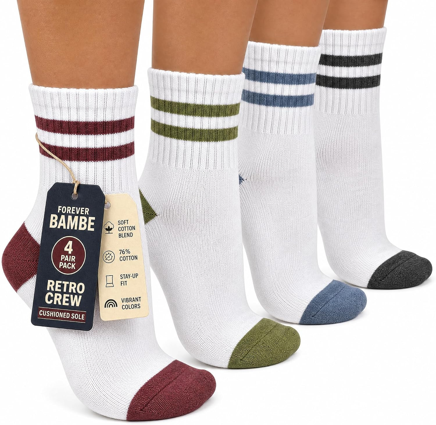 Forever Bambe Mini Crew Socks for Women 4-Pack Cushioned Bottom Retro Striped Socks - Athletic Women's Short Calf Sock | Amazon (US)