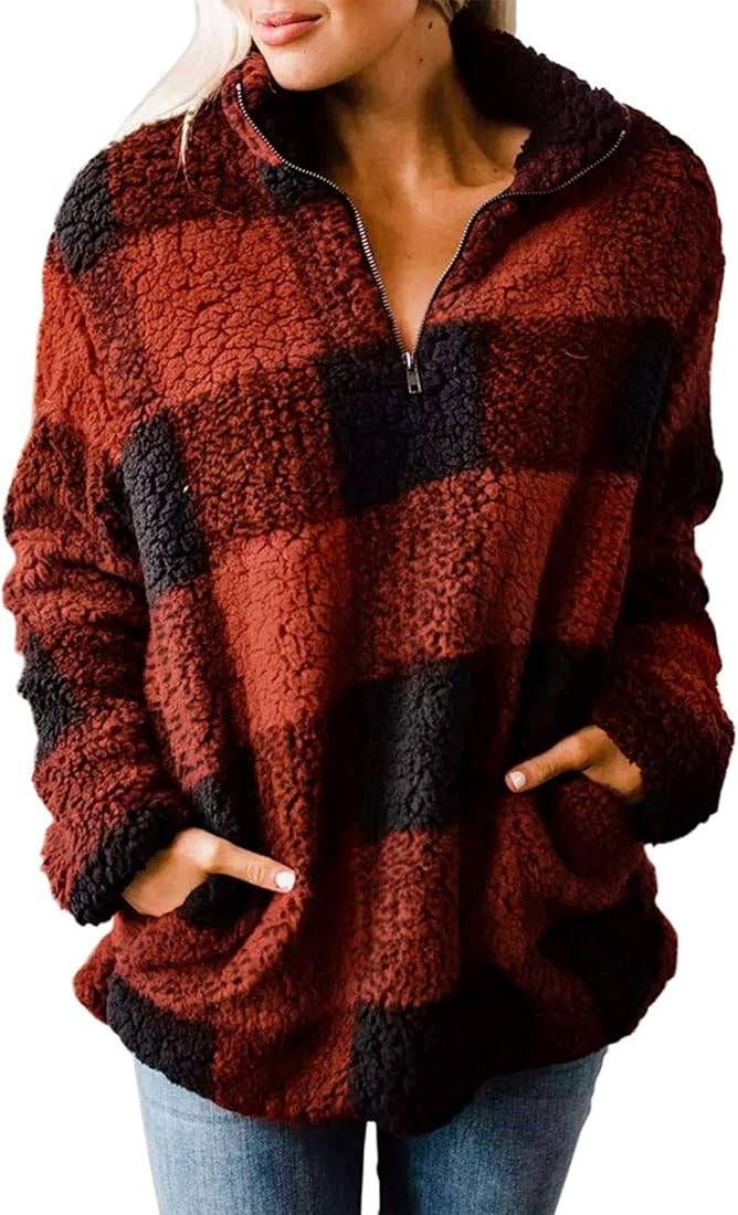 ZESICA Women's Plaid Long Sleeve Zipper Sherpa Fleece Sweatshirt Pullover Jacket Coat | Amazon (US)