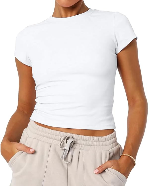 Women's Basic Summer Short Sleeve Crewneck T-Shirts Y2K Cute Going Out Tops Baby Tee | Amazon (US)