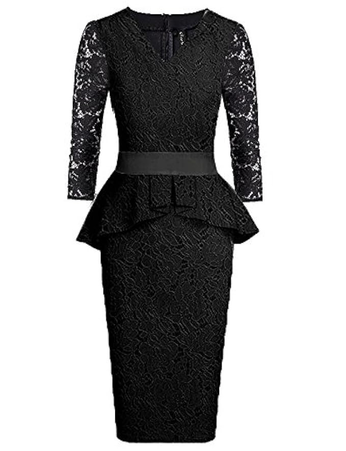 Women's Lace Peplum Cocktail Bodycon Midi Dress Vintage 3 Quarters Long Sleeve | Amazon (US)