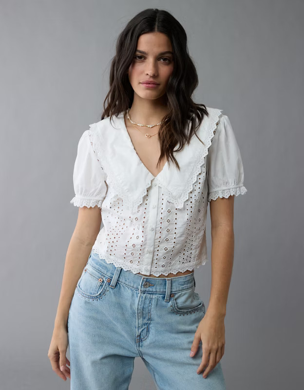 AE Short-Sleeve Ruffle Collar Eyelet Crop Top | American Eagle Outfitters (US & CA)