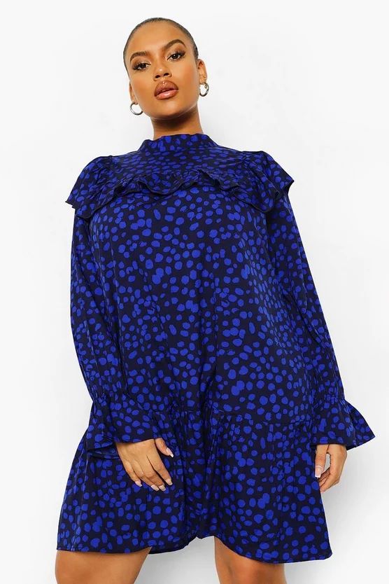 Plus Spot Print Ruffle Smock Dress | Boohoo.com (US & CA)