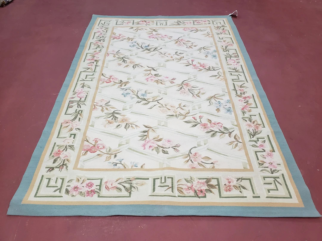 Vintage Aubusson Area Rug, Aubusson Flat Weave Carpet, Floral Geometric Pattern, Beige Teal Green... | Etsy (US)