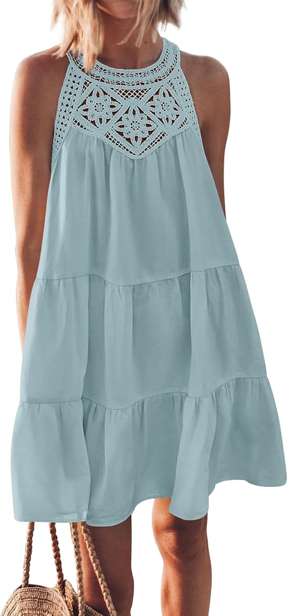 BTFBM Women Summer Dresses 2026 Casual Spring Clothes Sleeveless Halter Neck A-Line Boho Mini Dre... | Amazon (US)