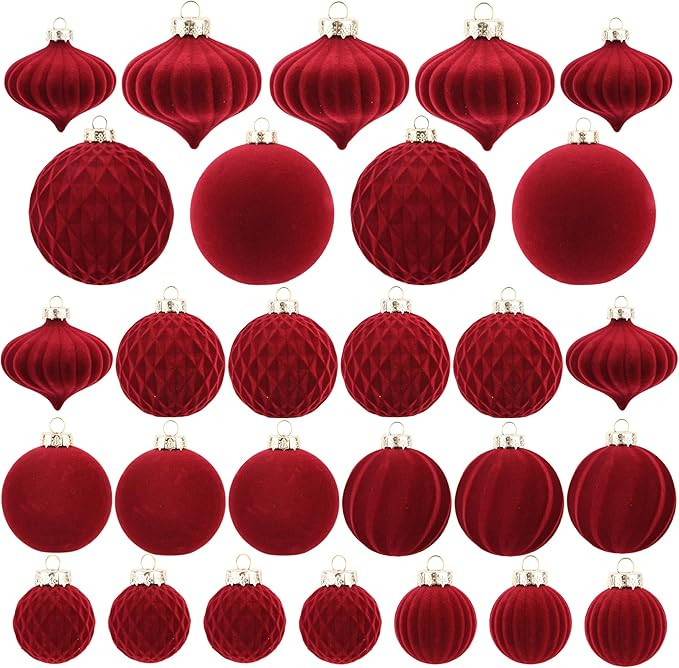 Flocked Ornaments for Christmas Tree Decorations - 28pcs Burgundy Velvet Ball Ornament for Xmas H... | Amazon (US)