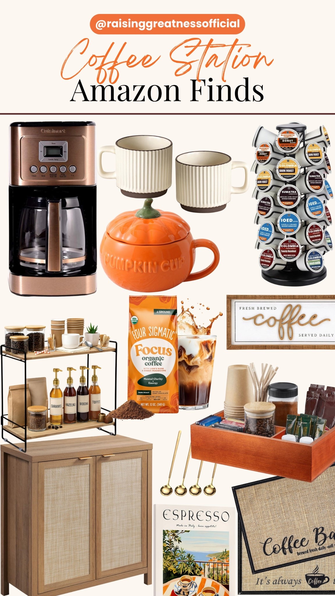 Create your dream coffee station at home with these cozy Amazon finds! From modern coffee makers and syrup organizers to stylish mugs, storage carts, and seasonal touches like pumpkin cups, this setup makes every morning brew feel special. 🍂

Perfect for coffee lovers who want to bring café vibes right into their kitchen. Save this post for inspiration and shop the must-haves from @raisinggreatnessofficial! ✨

#coffeestation #coffeeaddict #amazonfinds #fallhome #coffeebarideas #kitcheninspo #coffeelovers #homecafe #raisinggreatnessofficial #cozyhome

#LTKHome #LTKU
