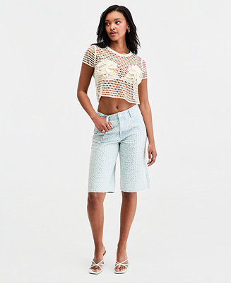 Women's Sequin Destructed Denim Bermuda Shorts | Macy's