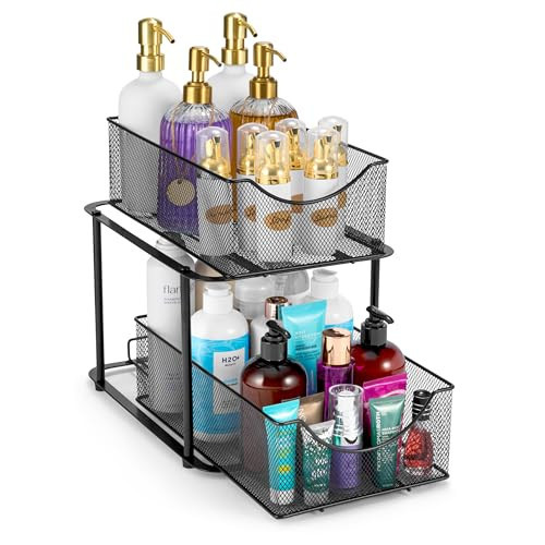 Sorbus 2 Tier Metal Under Sink Organizer for Bathroom, Kitchen, Strong Steel Mesh Sliding Drawers for Under Sink, Under Cabinet, Closet, Kitchen, Pantry, Bathroom Organizers and Storage (Black) | Amazon (US)