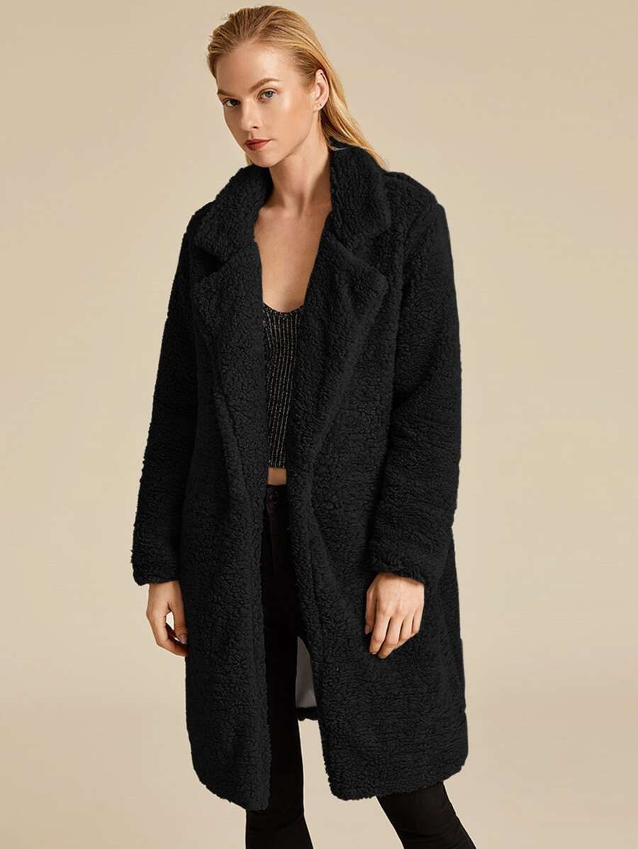 Open Front Notched Collar Teddy Midi Coat | SHEIN