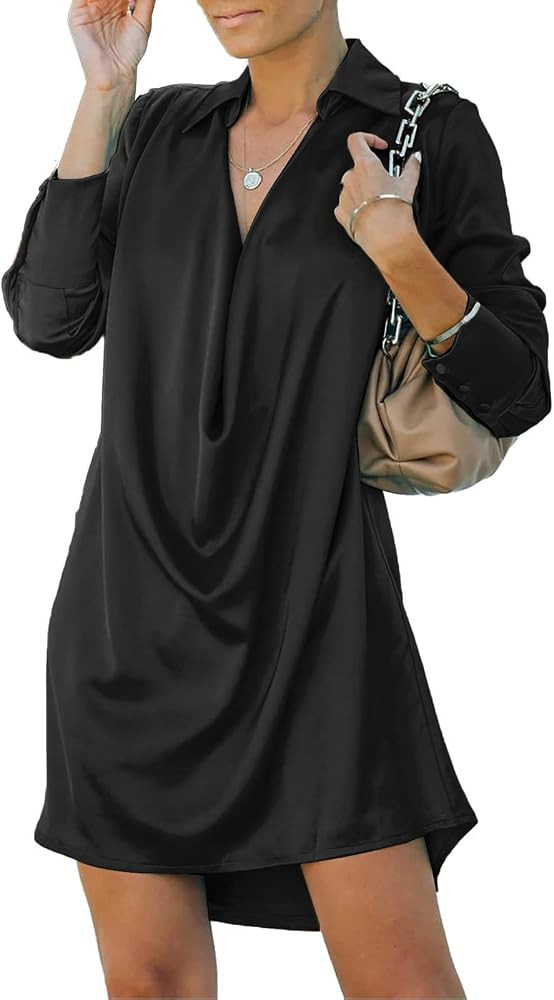 Halfword Satin Shirt Dress for Women Sexy Casual Deep V Neck Long Sleeve Button Down Loose Mini T... | Amazon (US)