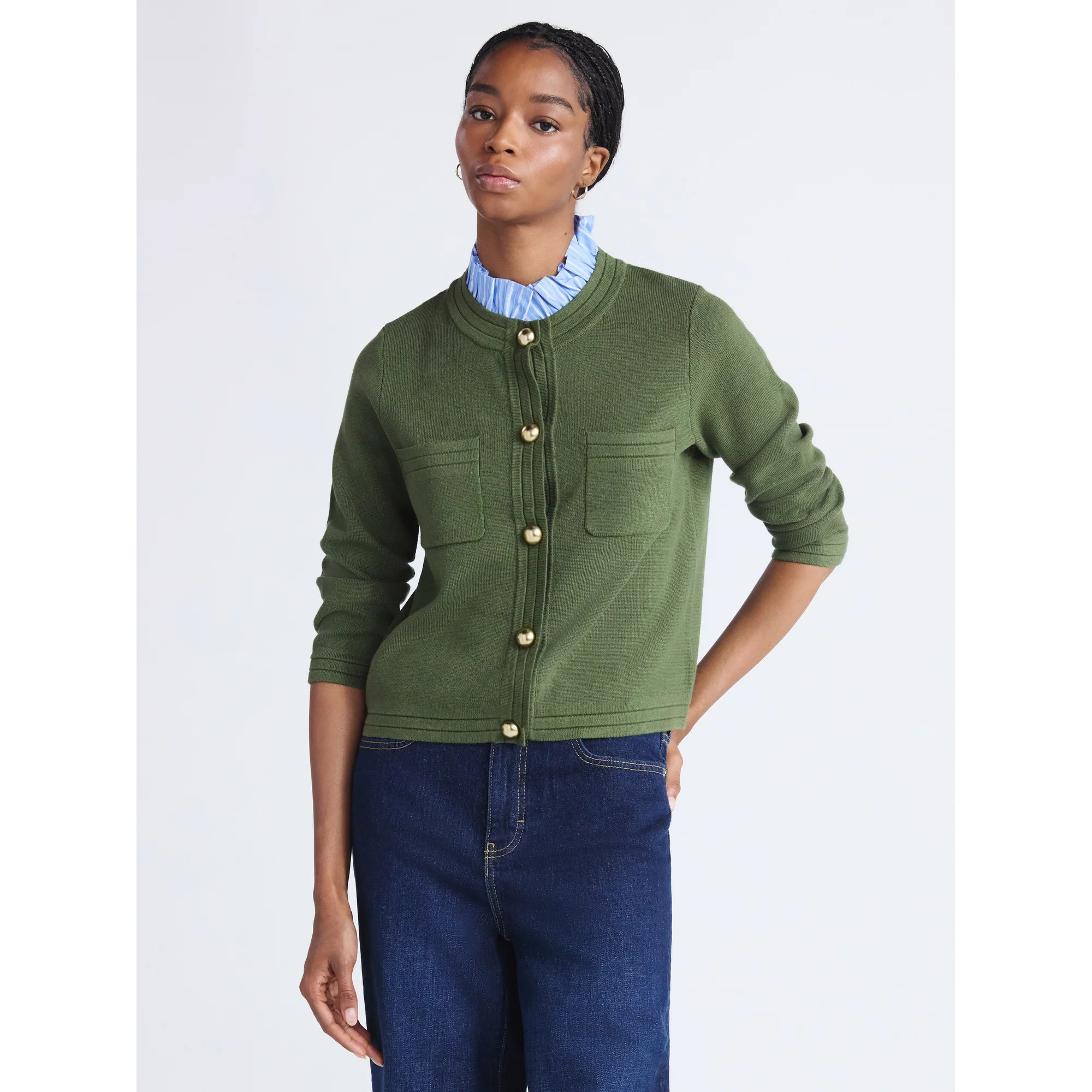 Free Assembly Women's and Women's Plus Ruffle Neck Chest Pocket Cardigan, Sizes XS-4X - Walmart.c... | Walmart (US)