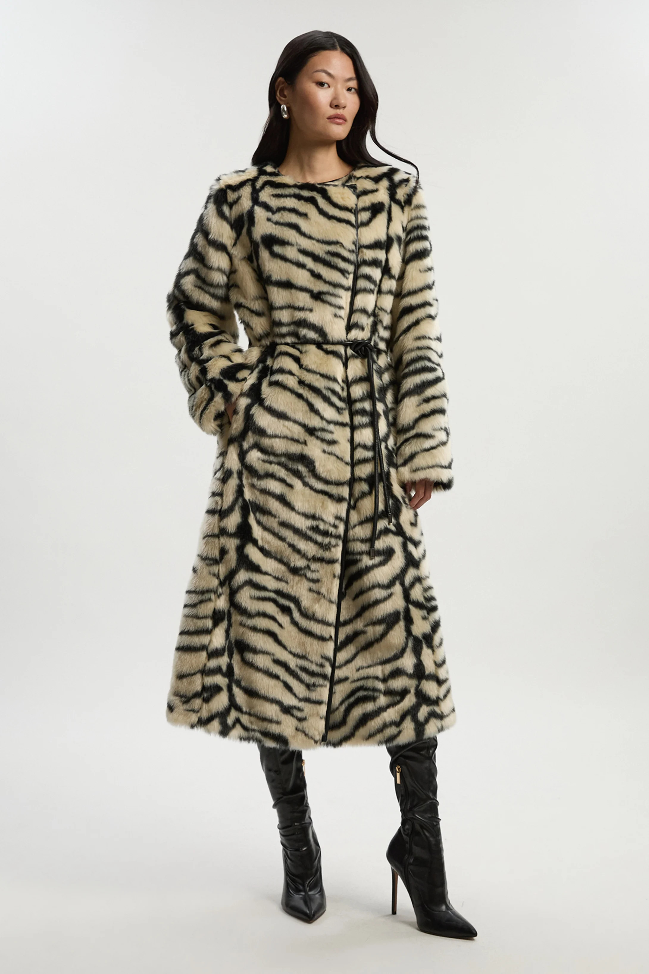 Faux Fur Zebra Collarless Tie Belted Midi Coat | Karen Millen US