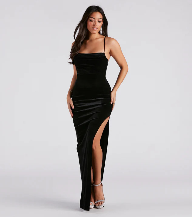 Mel Glitter Velvet High Slit Formal Dress | Windsor Stores