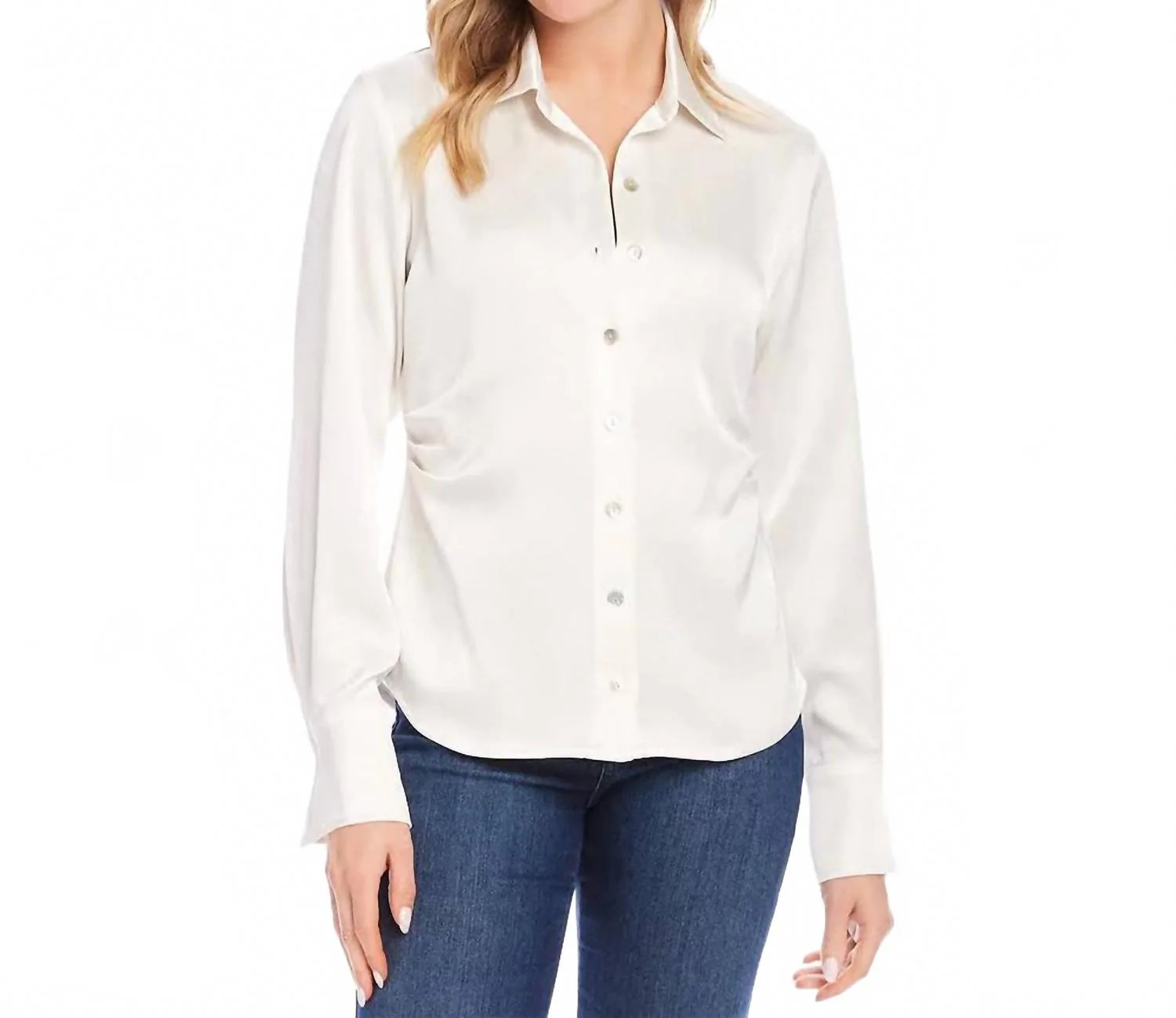 Side Pleat Satin Button-Up Shirt In Cream | Shop Simon