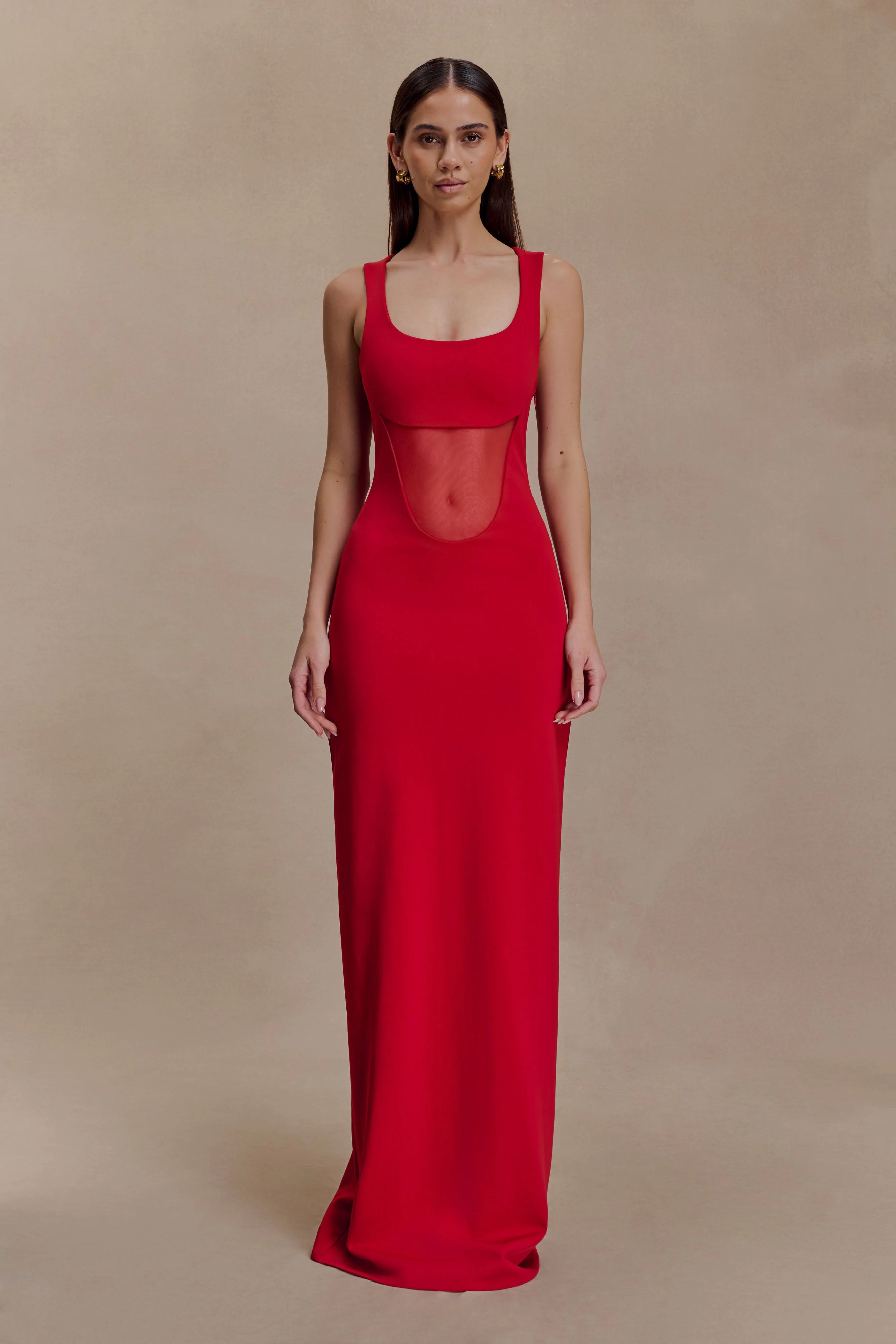 Crepe And Mesh Maxi Dress - Cherry Red | MESHKI US