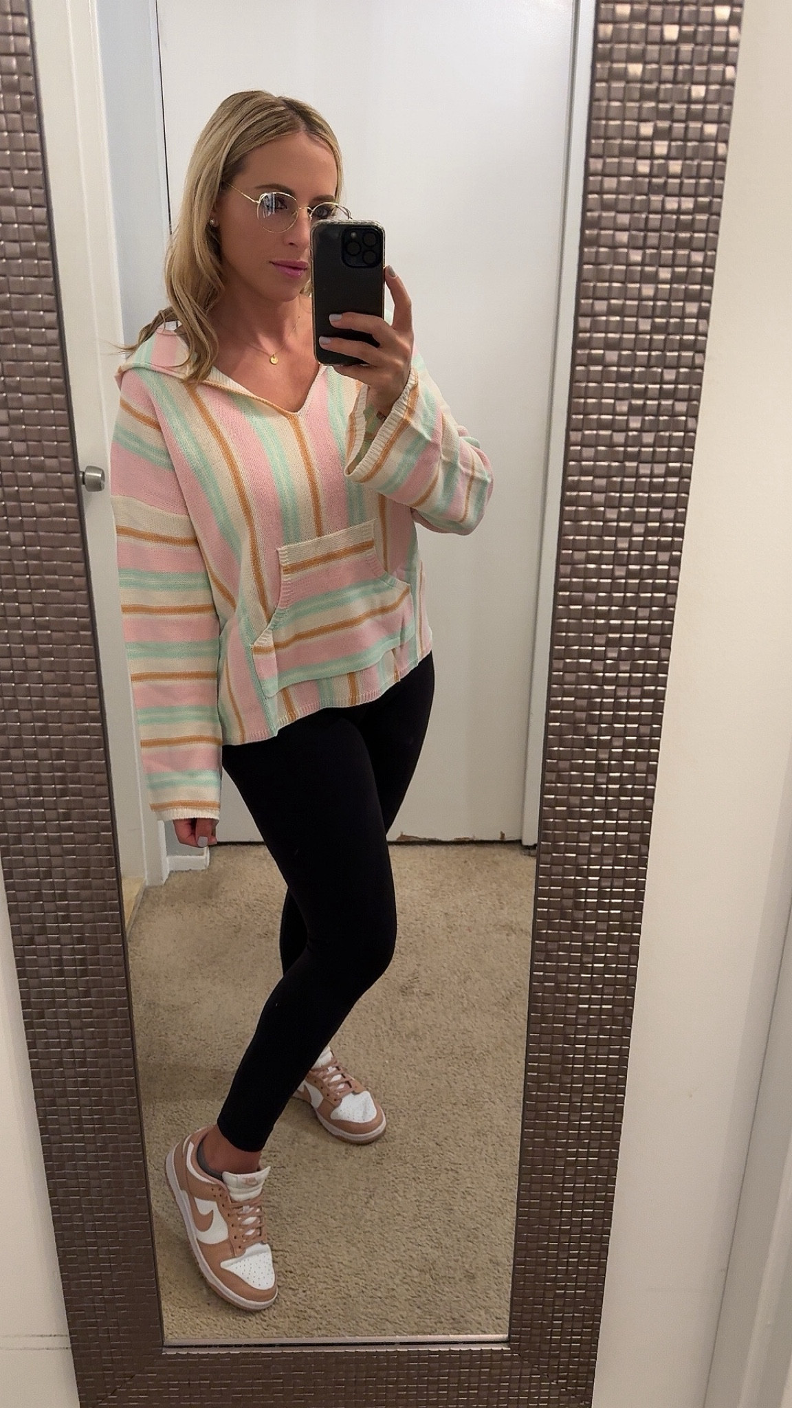 Casual outfit. Wearing size large in cupshe striped hoodie, size 10 in Lululemon align leggings and size 9.5 in Nike dunks sneakers  #ltkfindsunder50 #ltkfindsunder100 #ltkmidsize 