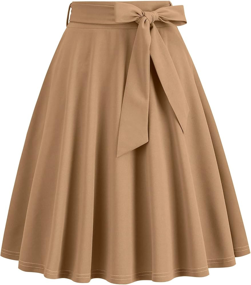 OBEEII Women's Pleated Vintage Skirt High Waist Flare A-Line Midi Skirts with Pockets | Amazon (US)