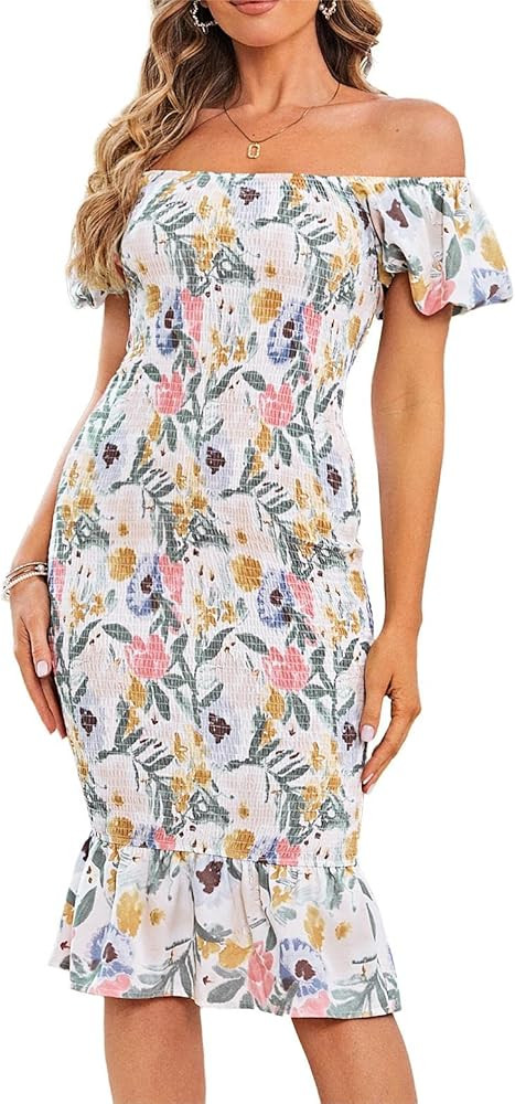 BerryGo Women's Smocked Bodycon Off Shoulder Puff Short Sleeve Mermaid Dress Ruffle Shirred Party... | Amazon (US)