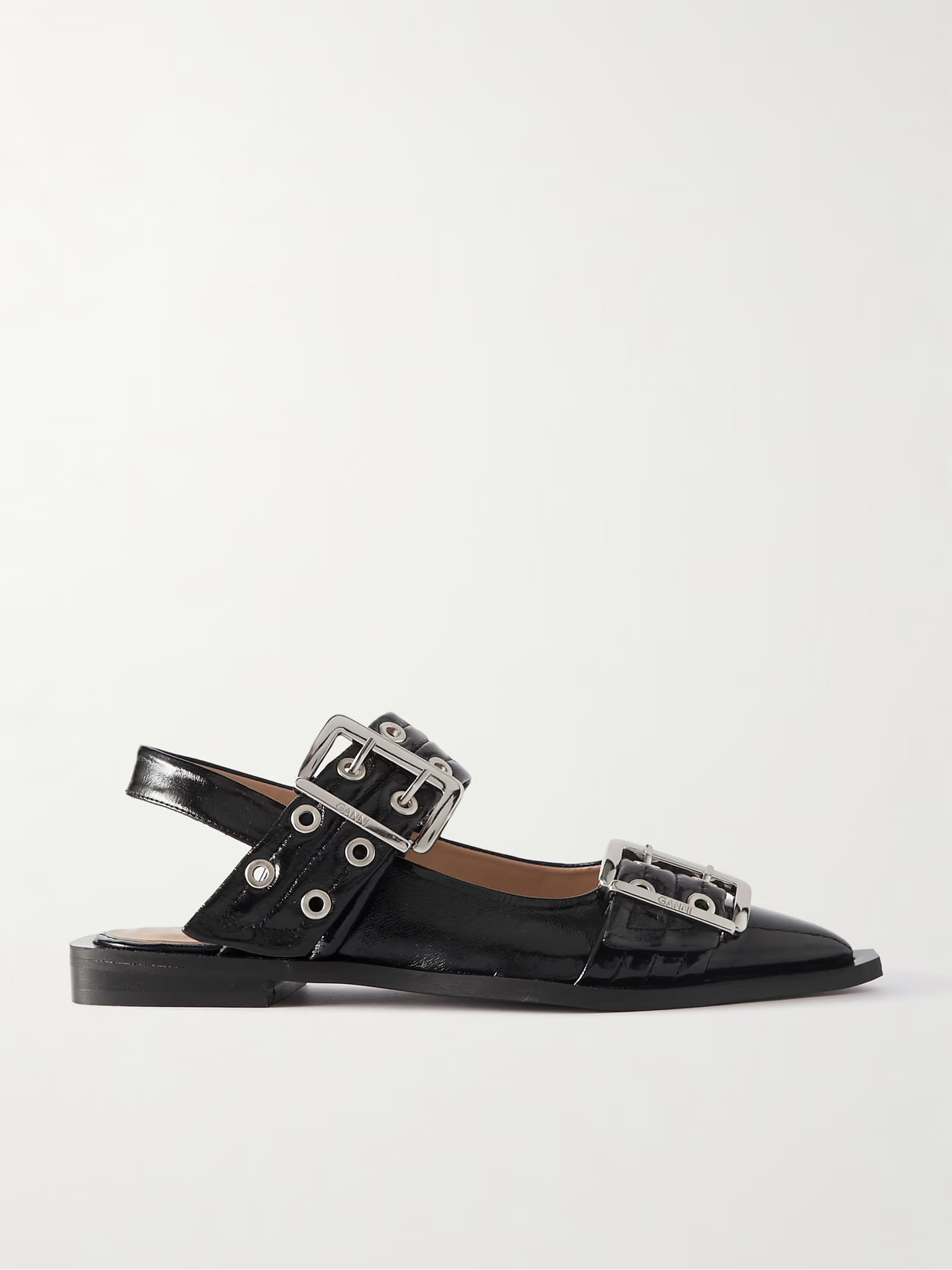 GANNI - + Net Sustain Buckled Eyelet-embellished Recycled Faux Patent-leather Ballet Flats - Black - IT37 | NET-A-PORTER APAC