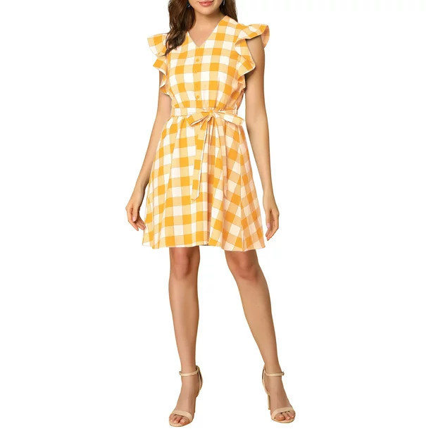 Allegra K Junior's V Neck Ruffled Sleeve Belted Check Plaids Dress | Walmart (US)