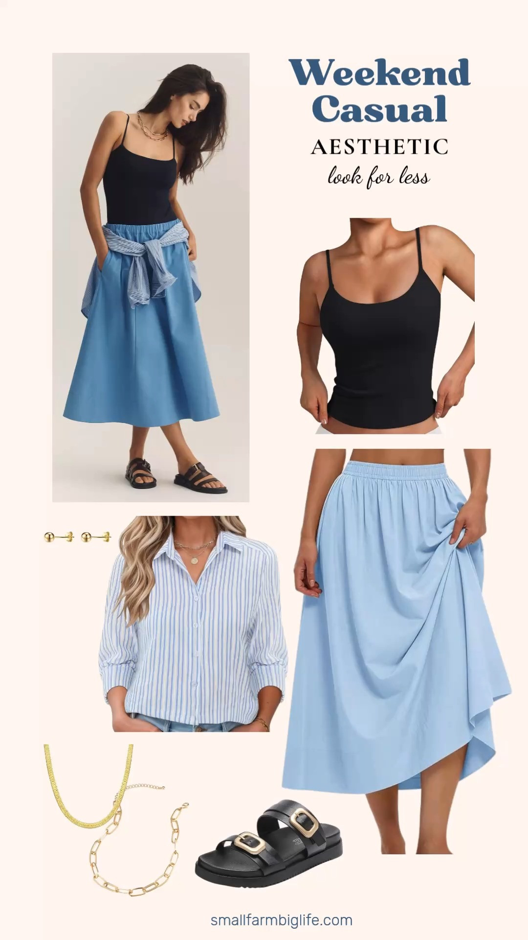 Love the weekend casual aesthetic but not the designer price tag? I found all the pieces on Amazon for so much less! From a flowy boho maxi skirt and a classic black spaghetti strap tank to an oversized striped linen button down, comfortable double buckle slide sandals with arch support, a chunky gold paperclip chain necklace, a dainty herringbone choker, and simple gold stud earrings, you can get the whole effortless and put together look for a fraction of the cost. Linking everything below! 

 #LTKgrwm #LTKootd #LTKOver40