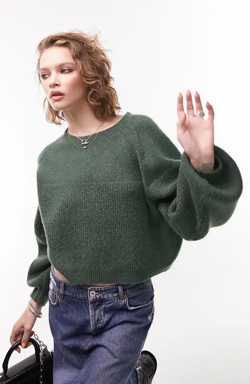 Topshop Mixed Stitch Balloon Sleeve Crop Sweater in Khaki at Nordstrom, Size Large | Nordstrom