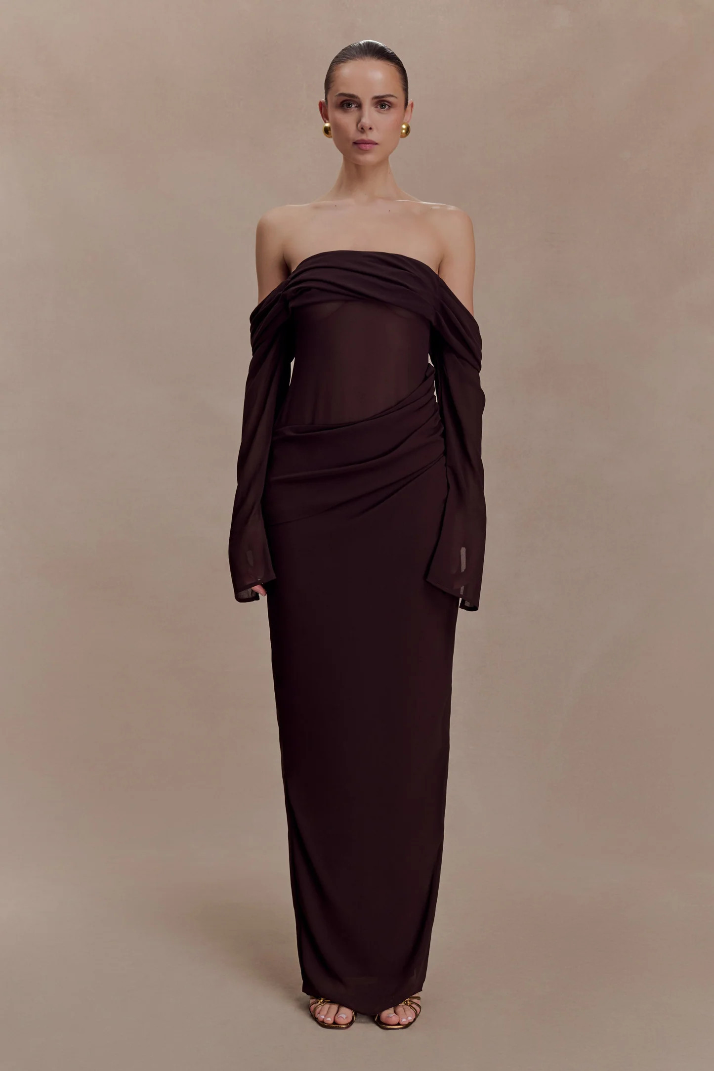 Off Shoulder Chiffon Maxi Dress - Cacao Brown | MESHKI US