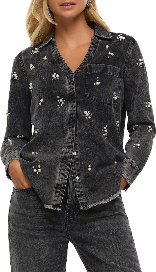 Faux Pearl Embellished Denim Button-Up Shirt | Nordstrom