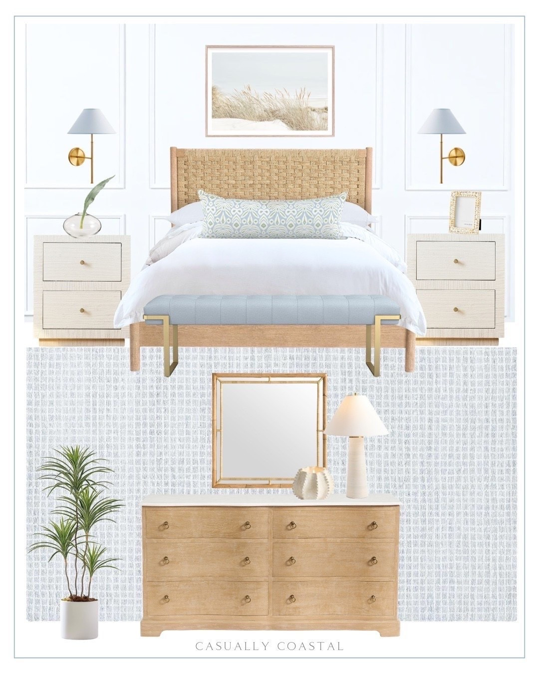 Coastal Primary Bedroom design! 
—-
Beachy bedroom, coastal bedroom design, coastal bed, resort-style bedroom, beach house bedroom, lake house bedroom, coastal rug, coastal bedding, coastal wall art, coastal artwork, woven bed, pottery barn bed, king size beds, queen size beds, grass cloth nightstand, quince bedding, white bedding, European linen duvet cover set, shell candle, Etsy artwork, coastal dunes framed artwork, wayfair rug, bedroom rug, Wayfair rugs, 9x12 rugs, 8x10 rugs, gray rug, coastal sconce, wall sconces, coastal bench, bedroom bench, coastal pillow covers, Etsy pillow cover, lumbar pillow cover, pottery barn dresser, light wood dresser, 6 drawer dresser, cotton bedding, quince bedding, 6 drawer wood dresser, coastal mirror, rattan table lamp, 4 foot tropical tree, fake trees, fluted ceramic round planter, white player, glass orb vase, faux aloe leaf, shell frame, coastal frame, nightstand decor, artwork for above bed, bedroom decor

#LTKHome